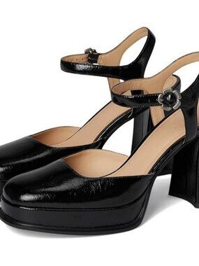 Coach 3 1/2" Block Heel Pump Women's Size 9.5 Black Tea Rose Glazed Leather